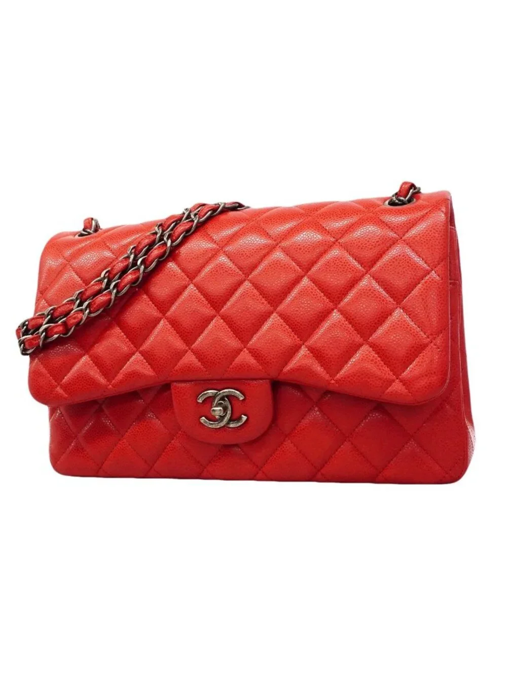 Chanel Shoulder Bag Maxi Quilted Caviar Leather Red Silver